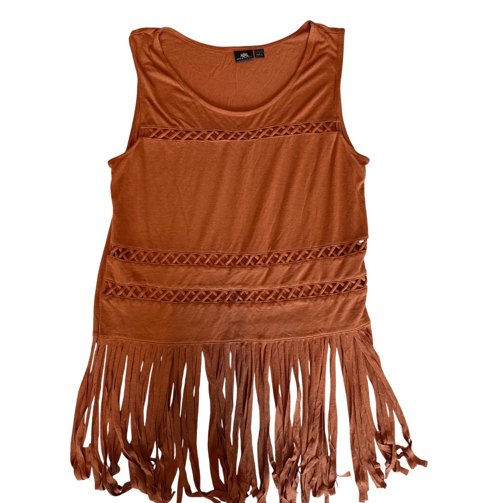Rock & Republic Boho Fringe Sleeveless Top Rust Orange Cutout Tank Womens Large